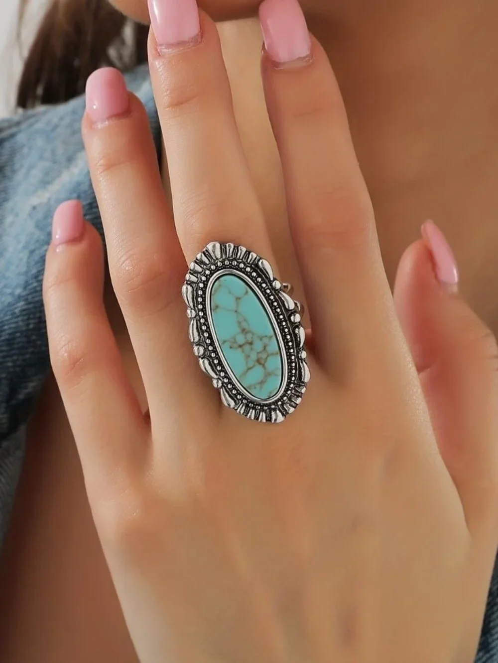 Vintage 925 Sterling Silver Turquoise Ring for Women, Bohemian Adjustable Natura - Picture 2 of 4
